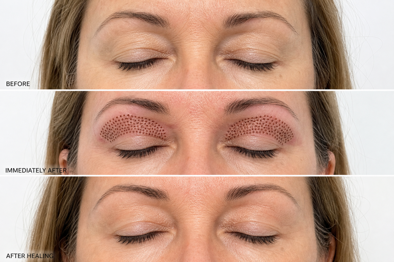 Fibroblast eyes: before, immediately after with carbon crusts, and after healing