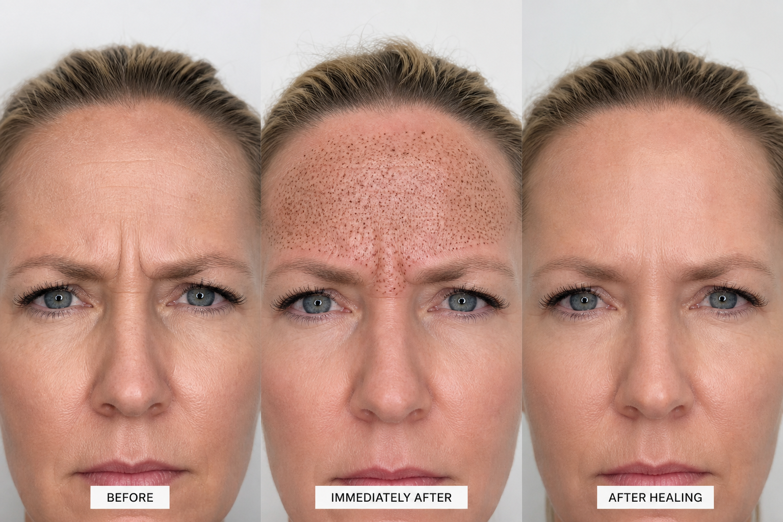 Fibroblast forehead: before, immediately after with carbon crusts, and after healing